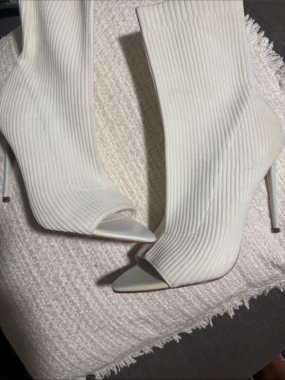 Steve Madden White Ribbed Peep-Toe Stiletto Sock Boots